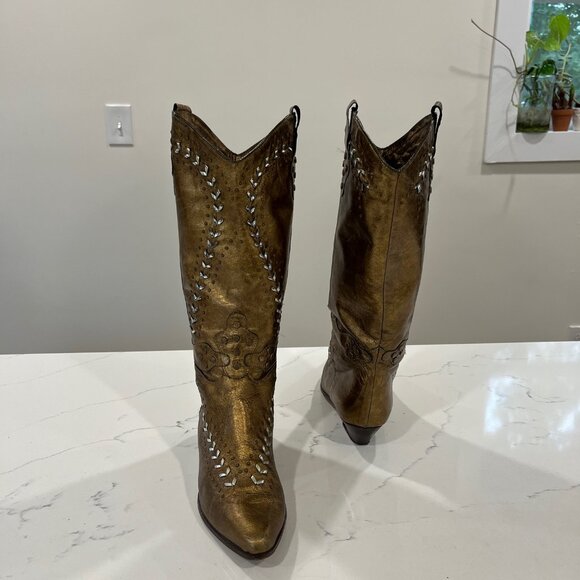 VTG LENNI Leather Low-Heel Western Boot Golden Color with Cut-Out Design 6.5 B - Picture 7 of 13